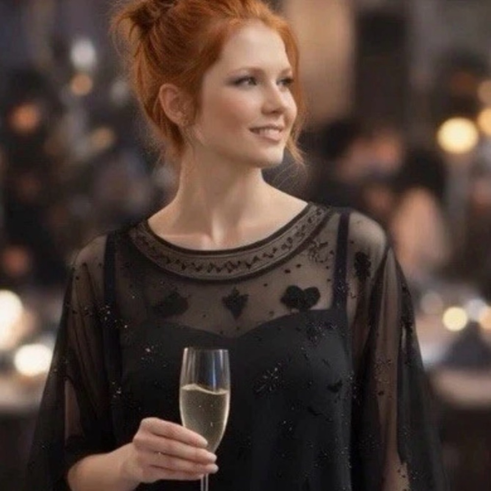 Vintage Stenay Silk Beaded Top‎ Sheer Overlay  With Sheer Open Sleeves Elegant
